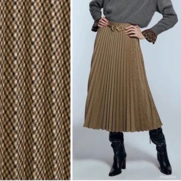 Zara Dresses & Skirts - Zara Small Brown Tan Houndstooth Pleated Midi Skirt